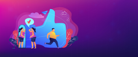 Plus size woman in front of the mirror as a concept of body positivity, acceptance and appreciation for all body types, body image, self confidence. Violet palette. Header or footer banner.のイラスト素材