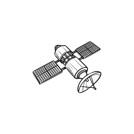 Satellite hand drawn outline doodle icon. Navigation and communication, space and antenna concept. Vector sketch illustration for print, web, mobile and infographics on white background.のイラスト素材