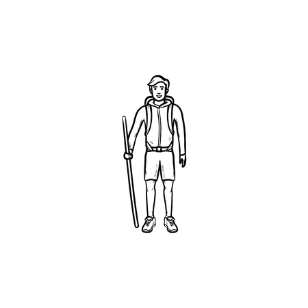 Hiker with backpack and walking stick hand drawn outline doodle icon. Travel, explore, backpacker hike concept. Vector sketch illustration for print, web, mobile and infographics on white background.のイラスト素材