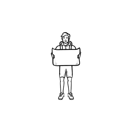 Tourist with backpack holding a map hand drawn outline doodle icon. Rout map and navigation, journey concept. Vector sketch illustration for print, web, mobile and infographics on white background.のイラスト素材