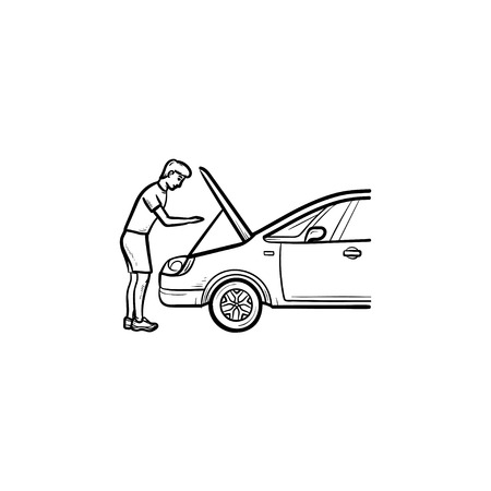 Man under the hood of car hand drawn outline doodle icon. Car repairs and service, car mechanic, engine concept. Vector sketch illustration for print, web, mobile and infographics on white background.のイラスト素材