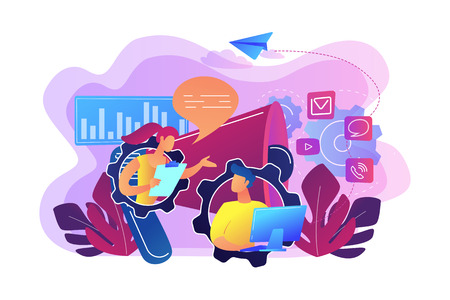 Pr managers communicate and huge megaphone. Public relations and affairs, communication, pr agency and jobs concept on white background. Bright vibrant violet vector isolated illustrationのイラスト素材