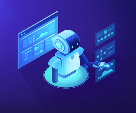 Modern robot working with analytics data pie charts and graphs. Bot marketing, automated data analysis, automated data collection concept. Ultraviolet neon vector isometric 3D illustration.のイラスト素材