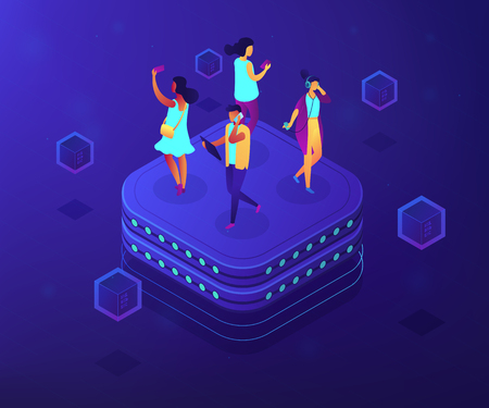 Bloggers using mobile phones and tablets walking on server. Social network behavior and digital society, blogger and trendsetter concept. Ultraviolet neon vector isometric 3D illustration.のイラスト素材