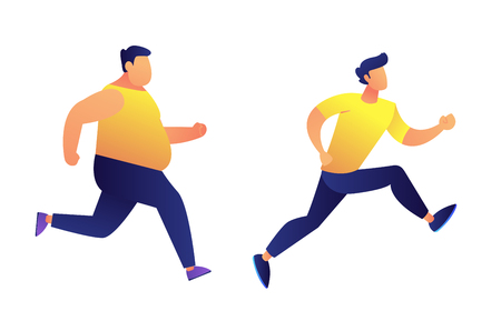 Fat and slim men running vector illustration. Keeping fit and fitness exercises, jogging competition and sport achievement, weight loss and healthy lifestyle concept. Isolated on white background.のイラスト素材