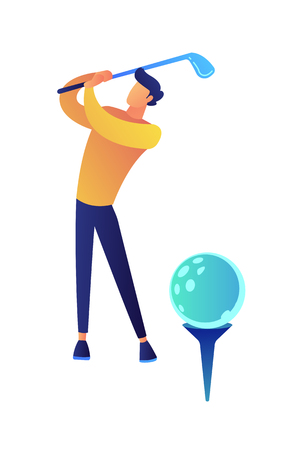 Businessman playing golf vector illustration. Playing golf and healthy lifestyle, sport competition and tournament success, leisure time and golf achievement concept. Isolated on white background.のイラスト素材