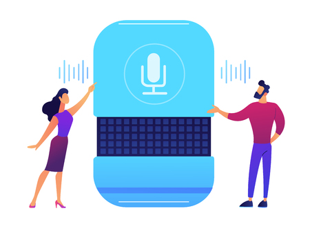 Users giving voice commands to smart speaker vector illustration. IoT technology and voice controlled digital devices, speach recognition and smart home concept. Isolated on white background.のイラスト素材