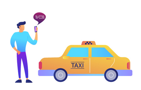 Businessman calls a taxi using mobile app concept. Isolated on white background. Booking taxi online, taxi service mobile app and smart public transport concept. Isolated on white background.のイラスト素材