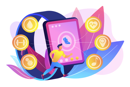 Runner uses smartwatch sport and health apps. Fitness tracker, activity band, health monitor and wrist-worn device concept on white background. Bright vibrant violet vector isolated illustrationのイラスト素材