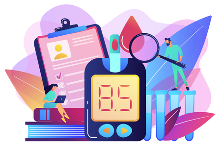 Doctor with magnifier and blood glucose testing meter. Diabetes mellitus, type 2 diabetes and insulin production concept on white background. Bright vibrant violet vector isolated illustrationの写真素材