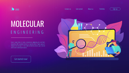 Scientists looking at DNA and charts with magnifier on laptop. Biotechnology, biological systems, bio-engineering concept on white background. Website vibrant violet landing web page template.のイラスト素材