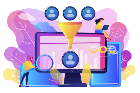 Data scientist and specialist extract knowledge and insights from data. Data science analytics, machine learning control, big data analytics concept. Bright vibrant violet vector isolated illustrationのイラスト素材