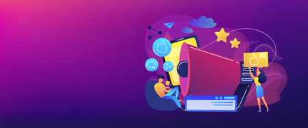 Users with like and share icons and megaphone. Like comment share giveaway, social networks promotion, like farming concept on white background. Header or footer banner template with copy space.のイラスト素材