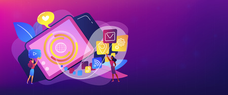 Smartwatch with applications icons and users. Smartwatch app, smartwatch development and smartwatch software concept on white background. Header or footer banner template with copy space.のイラスト素材