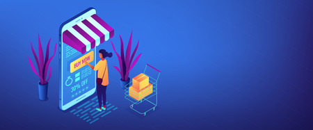 Female shopper buying with mobile phone and shopping cart with purchases. Online purchase and order, buy now, add to cart and online sale concept. Isometric 3D banner header template copy space.のイラスト素材