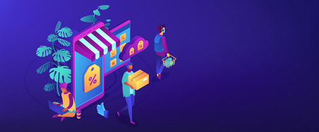 Shoppers buying with gadgets in online discount store. Outlet store and online sale, clearance and percent, ecommerce and special offer concept. Isometric 3D banner header template copy space.のイラスト素材