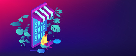 Shopper with laptop at huge mobile phone and online sale. Discount online, clearance sale, fashion sale and retail, special offer concept. Isometric 3D banner header template copy space.のイラスト素材