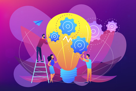 Huge lightbulb and business team holding gears. Teamwork and collaboration, goal achievement, colleagues concept on ultraviolet background. Bright vibrant violet vector isolated illustrationのイラスト素材