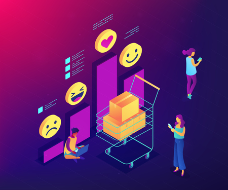Customers with digial devices at shopping cart, feedback chart. Get clients feedback, shopping cart statistics, customer satisfaction index concept. Ultraviolet neon vector isometric 3D illustration.のイラスト素材