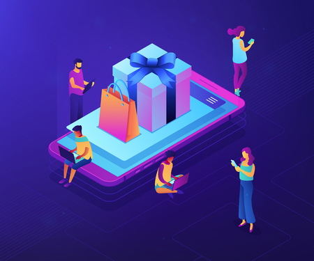 Buyers with digital devices shopping with mobile app at smartphone with gifts. Mobile store app, gift-buying application, mobile gift shop concept. Ultraviolet neon vector isometric 3D illustration.のイラスト素材