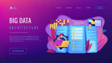 Database analysts with laptops working with data in the center. Big data storage, big data architecture, real-time data analytics concept. Website vibrant violet landing web page template.のイラスト素材