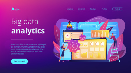 Laptop with data visualization software and developers working. Big data visualization, big data analytics, visualization software concept. Website vibrant violet landing web page template.のイラスト素材