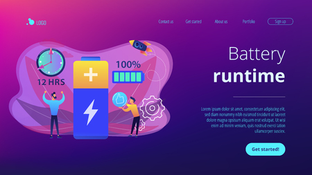Users and battery performance and longevity with charge indicator and time. Battery runtime, extend runtime technology, long battery life concept. Website vibrant violet landing web page template.のイラスト素材