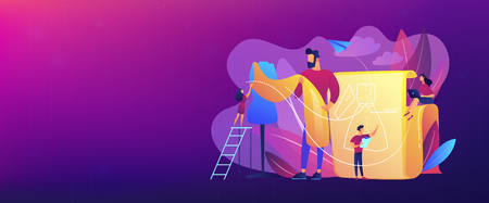 Fashion designers creating a dress pattern and making dress with cloth on mannequin. Fashion design, beauty designer, fashion design service concept. Header or footer banner template with copy space.のイラスト素材