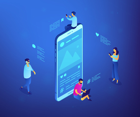 Business people send social media messages with smartphones and laptop. Social media messages, virtual communication, social media feedback concept. Ultraviolet neon vector isometric 3D illustration.のイラスト素材