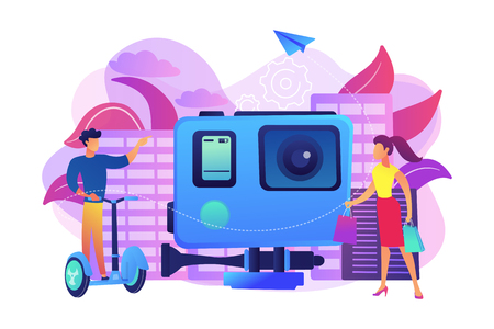 Businessman riding on the city tour, shopper and action camera. City tours, modern urban tourism, city tourist excursion concept. Bright vibrant violet vector isolated illustrationのイラスト素材