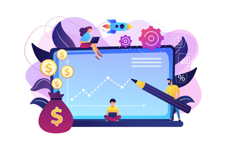 Investment managers with laptops offer better returns and risk management. Investment fund, investment opportunities, hedge fund leverage concept. Bright vibrant violet vector isolated illustrationのイラスト素材
