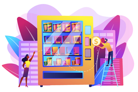 Consumer inserts dollar coin into vending machine and buys snacks and drink. Vending machine service, vending business, self-service machine concept. Bright vibrant violet vector isolated illustrationのイラスト素材