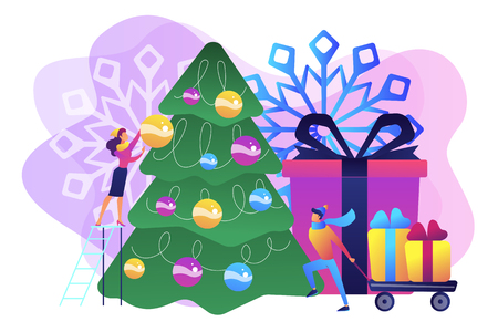 Happy business people decorating Christmas tree and preparing gift boxes. Winter holidays, New year celebration, Christmas activities plan concept. Bright vibrant violet vector isolated illustrationのイラスト素材