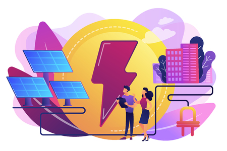 Businessmen use solar energy panels to produce electricity for the city. Solar energy, solar power plant, alternative source of electricity concept. Bright vibrant violet vector isolated illustrationのイラスト素材