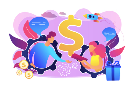 Salesperson trying to persuade customer in buying product. Personal selling, face-to-face selling technique, sales method trends concept. Bright vibrant violet vector isolated illustrationのイラスト素材