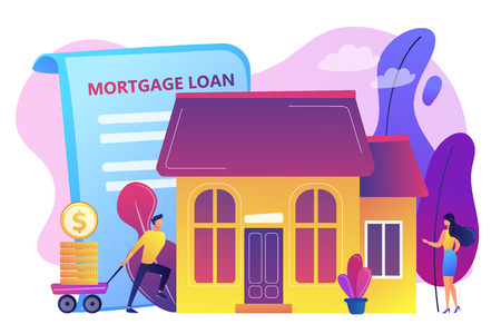 Borrower making mortgage payment for real estate and mortgage loan agreement. Mortgage loan, home bank credit, real estate services concept. Bright vibrant violet vector isolated illustrationのイラスト素材