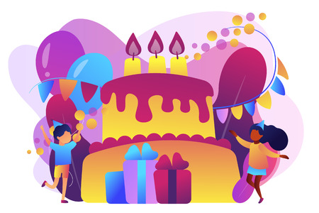 Happy kids at huge cake with candles and gift boxes celebrating birthday party. Kids birthday party, kids party ideas, indoor party spot concept. Bright vibrant violet vector isolated illustrationのイラスト素材
