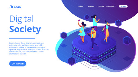 Bloggers using mobile phones and tablets walking on server. Social network behavior and digital society, blogger and trendsetter concept. Isometric 3D website app landing web page templateのイラスト素材