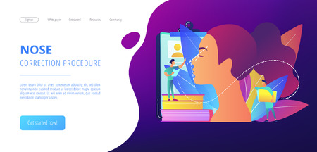 Plastic surgeon correcting the form of the woman nose for rhinoplasty. Rhinoplasty, nose correction procedure, surgical rhinoplasty concept. Website vibrant violet landing web page template.のイラスト素材