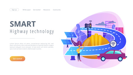 Building engineer and smart road using sensors and solar energy. Smart roads construction, smart highway technology, IoT city technology concept. Website vibrant violet landing web page template.のイラスト素材