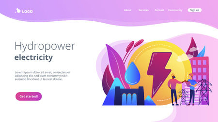 Engineers working at hydropower dam producing falling water energy. Hydropower electricity, water power, renewable sources concept. Website vibrant violet landing web page template.のイラスト素材