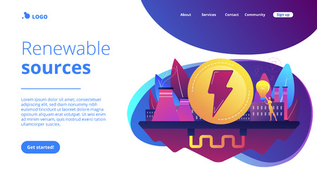 Eco friendly geothermal renewable energy plant and light bulb. Geothermal energy, renewable sources, enhanced geothermal system concept. Website vibrant violet landing web page template.のイラスト素材
