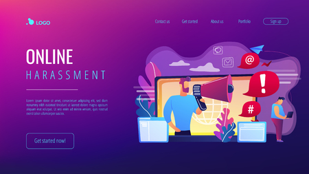 Target individual with laptop attacked online by user with megaphone. Internet shaming, online harassment, cyber crime action concept. Website vibrant violet landing web page template.のイラスト素材