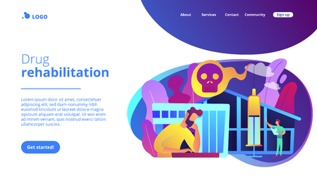 Patient getting medical treatment for dependency on psychoactive substances. Drug rehab center, experimental treatment, drug rehabilitation concept. Website vibrant violet landing web page template.のイラスト素材