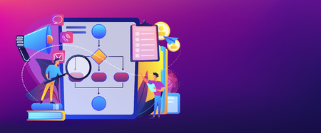 Businessmen with magnifier looking at business process flow chart. Business rules and regulation, main company policy, IT business analysis concept. Header or footer banner template with copy space.のイラスト素材