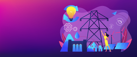 Scientist with sustainable development ideas solar panels, hydropower, wind. Sustainable energy, future-oriented energy, smart energy system concept. Header or footer banner template with copy space.のイラスト素材