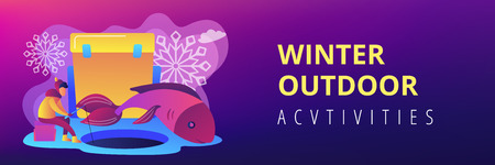 Fisherman in warm clothes with a rod fishing on ice and a huge fish in winter. Ice fishing, ice fishing tools, winter outdoor activities concept. Header or footer banner template with copy space.のイラスト素材