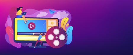 Marketing strategist with laptop working with video content. Video content marketing, video marketing strategy, digital marketing tool concept. Header or footer banner template with copy space.のイラスト素材