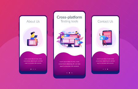 Developers use software on multiple devices. Cross-platform software, multi-platform and platform-independent software concept on white background. Mobile UI UX GUI template, app interface wireframeのイラスト素材