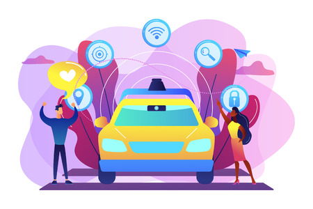 Businessman likes autonomous driverless car with smart technology icons. Autonomous driving, self-driving car, future transport system concept. Bright vibrant violet vector isolated illustrationのイラスト素材